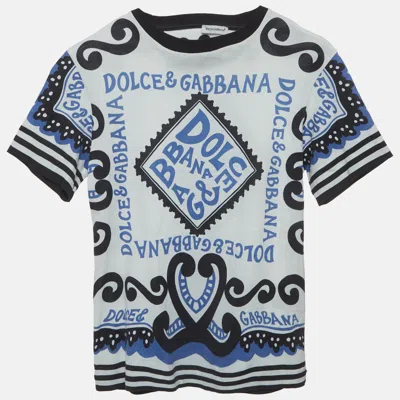 Pre-owned Dolce & Gabbana Kids White/blue Logo Print Jersey Crewneck T-shirt 9/10 Yrs