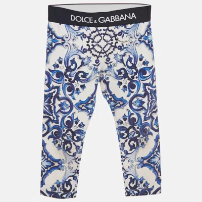 Pre-owned Dolce & Gabbana Kids White/blue Printed Cotton Knit Pants 2 Yrs