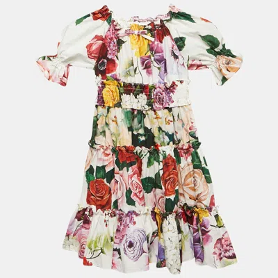 Pre-owned Dolce & Gabbana Kids White/red Floral Print Poplin Tiered Dress 4 Yrs
