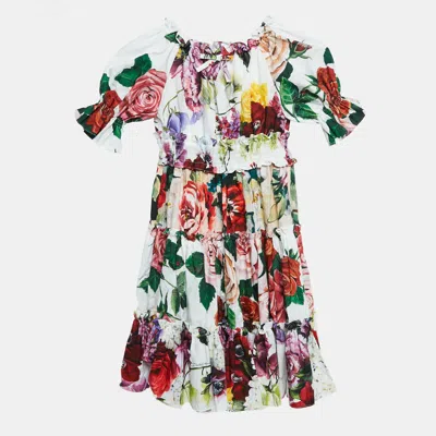 Pre-owned Dolce & Gabbana Kids White/red Floral Print Poplin Tiered Dress 6 Yrs