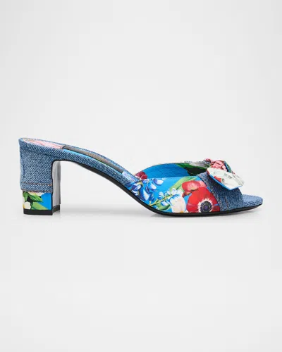 Dolce & Gabbana Kiera Sofia Denim Floral Bow Sandals In Denim Flower Print
