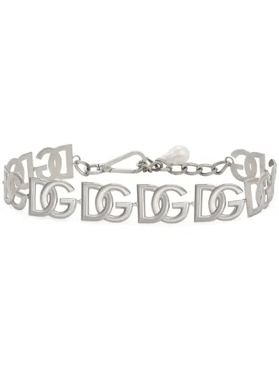 Dolce & Gabbana Logo-lettering Pearl-detail Belt In Silver