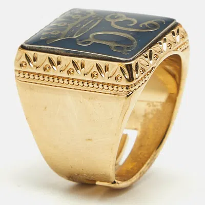 Pre-owned Dolce & Gabbana King Enamel Gold Tone Ring Size 57