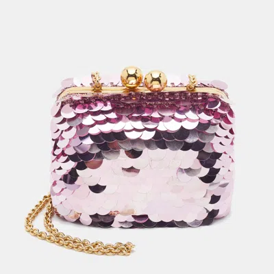 Pre-owned Dolce & Gabbana Kisslock Frame Pink Sequins Chain Clutch