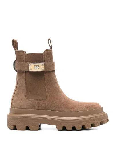 Dolce & Gabbana Beige Ankle Boots With Dg Logo Detail In Suede Woman In Brown
