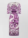 Dolce & Gabbana Violet Crewneck Dress With Rear Zip Closure And All-over Floral Print In Silk Stretch Woman In Purple