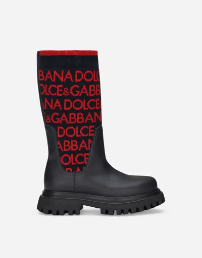 Dolce & Gabbana Knit Boots With Dolce&gabbana Logo In Multicolor