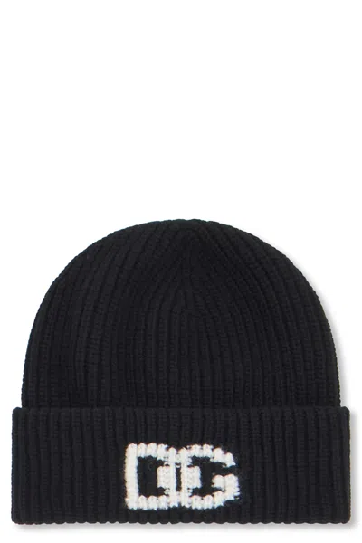 Dolce & Gabbana Knit Hat With Logo In Black