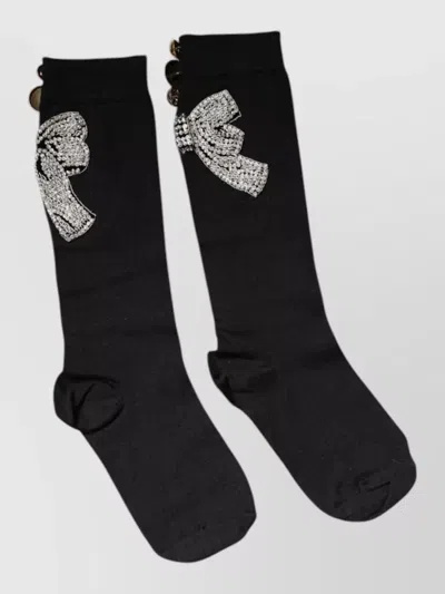 Dolce & Gabbana Black Knit Floral Crystal Embellishment Socks Virgin Wool Nylon Elastane Clothing