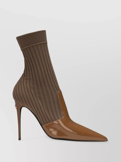 Dolce & Gabbana Knit Leather Stiletto Ankle Boots In Brown