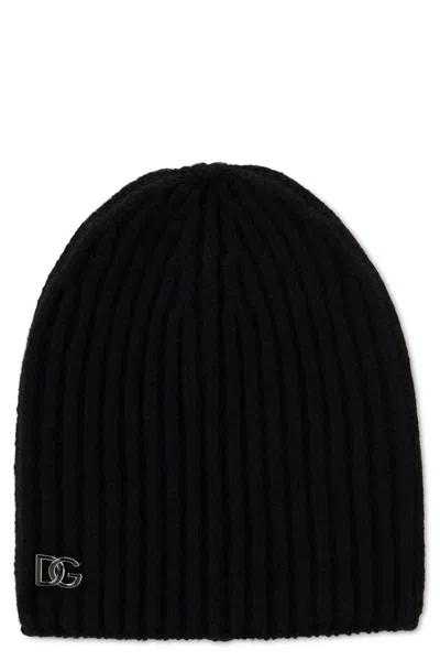 Dolce & Gabbana Knit Wool Hat With Discreet Side Logo In Black