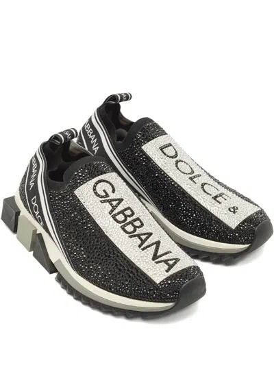 Pre-owned Dolce & Gabbana Knitted Crystal-embellished Sneakers In Black