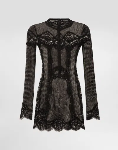 Dolce & Gabbana Lace-panel Long-sleeve Mini Dress In Black