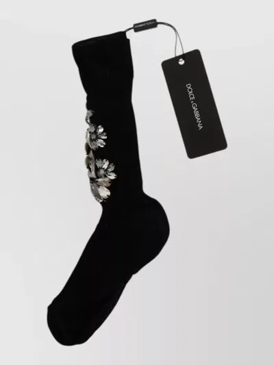 Dolce & Gabbana Knitted Floral Crystal Mid Calf Socks In Black