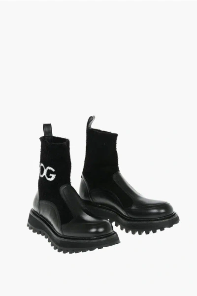 Dolce & Gabbana Knitted Leather Bernini Pull-on Booties With Logo In Чёрный
