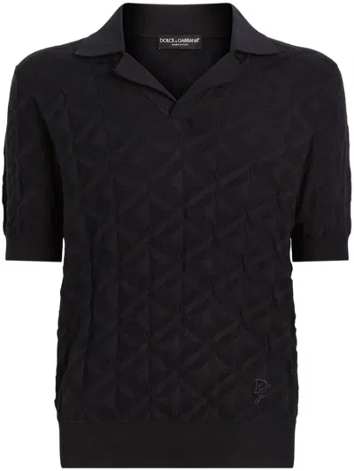 Dolce & Gabbana Monogram Knit Silk Short Sleeve Polo In Dark Blue