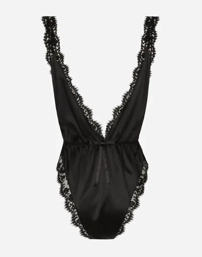 Dolce & Gabbana Lace-trimmed Silk-blend Satin Bodysuit In Black