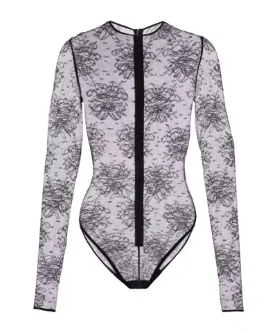 Dolce & Gabbana Women Black Bodysuit With All-over Floral Embroidery And Semi-sheer Design In Stretc In Animal Print