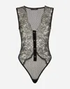 Dolce & Gabbana Plunging Sheer Lace Bodysuit In Black