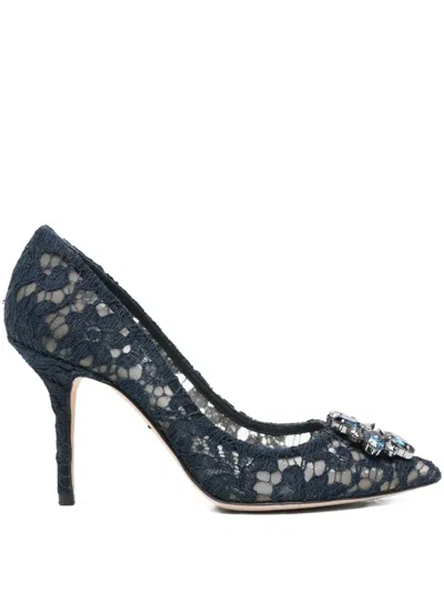 Pre-owned Dolce & Gabbana Lace Brooch-detail 95mm Pumps In Blue
