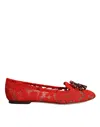 Dolce & Gabbana Coral Lace Crystal Ballet Flats Loafers Shoes In Red