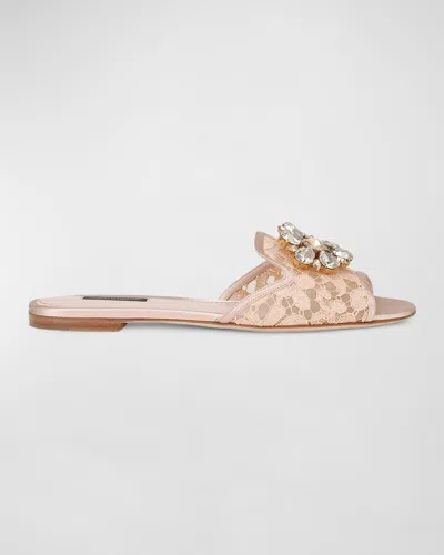 Dolce & Gabbana Lace Crystal Ornament Slide Sandals In Apricot