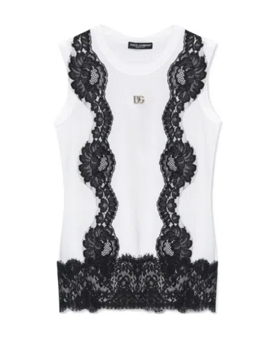 Dolce & Gabbana Lace-detailing Cotton-blend T-shirt In White
