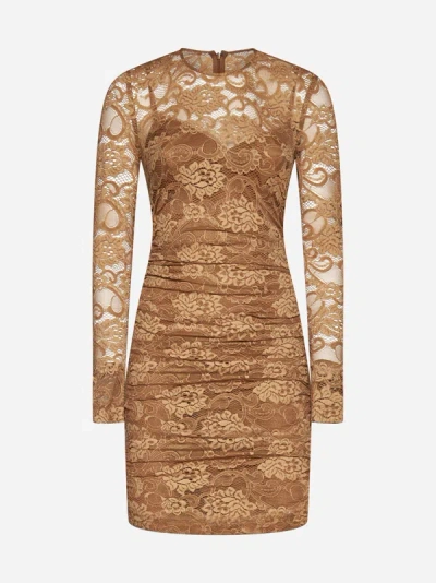 Dolce & Gabbana Lace Paneled Longsleeved Short Dress In Brown