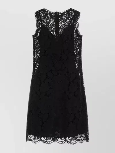 Dolce & Gabbana Lace Dress V Neckline Scalloped Hem In Black