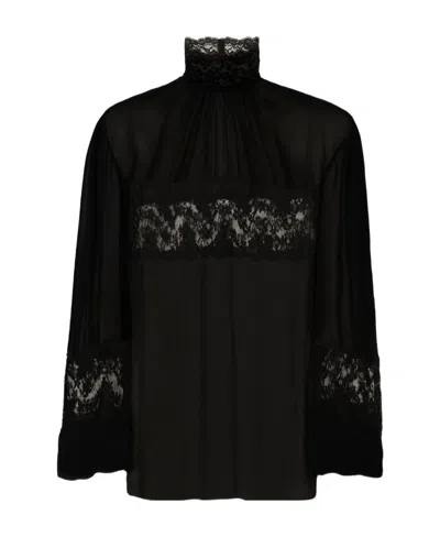 Dolce & Gabbana Lace-embellished High-neck Blouse In Black