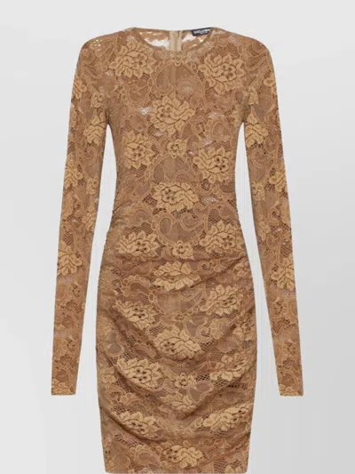 Dolce & Gabbana Lace Floral Chantilly Dress With Long Sleeves In Beige