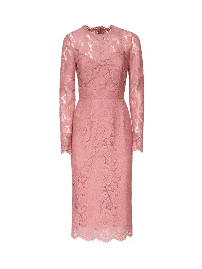 Dolce & Gabbana Lace Floral Sheath Dress In Pink