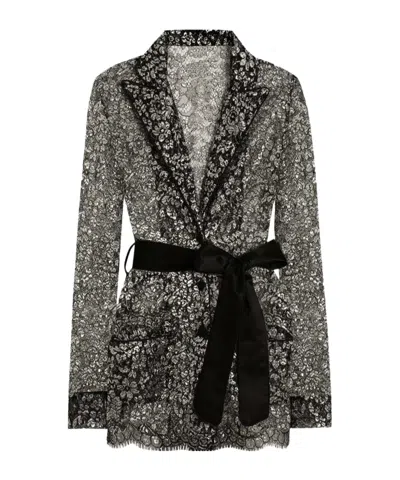 Dolce & Gabbana Lace Jacket Long Sleeves Tailored Belted In Brown
