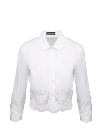 Dolce & Gabbana Lace Inserts Cotton Crop Shirt In Optical White