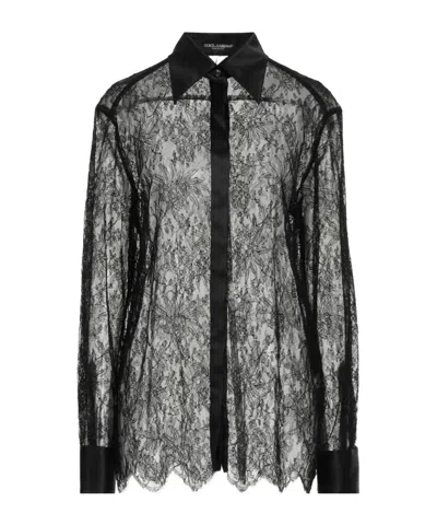 Dolce & Gabbana Chantilly Lace Shirt With Satin Details In Black