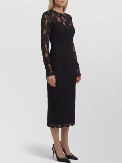 Dolce & Gabbana Lace Midi Dress Crew Neck Long Sleeves In Black
