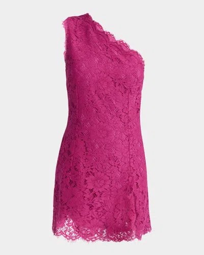 Dolce & Gabbana Lace One-shoulder Slit Mini Dress In Brightpink