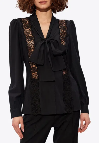 Dolce & Gabbana Tie-neck Blouse With Lace Inset Detail In Black