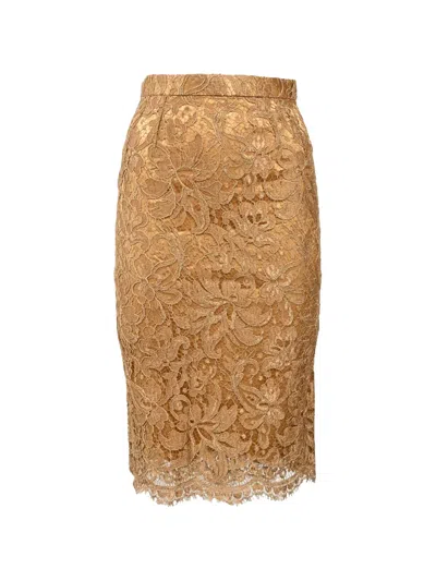 Pre-owned Dolce & Gabbana Lace Pencil Skirt In Brown