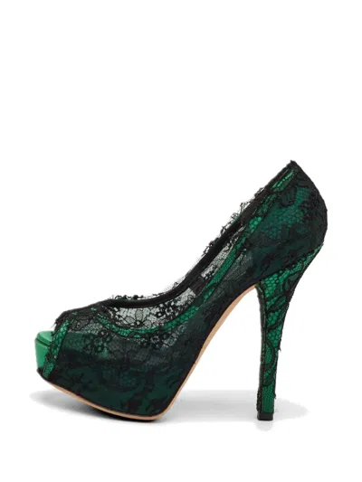 Pre-owned Dolce & Gabbana Lace Platform Peep-toe Pumps In Green