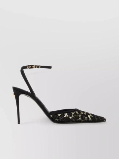 Dolce & Gabbana Lace Pointed Pumps With Embroidered Ankle Strap In Black