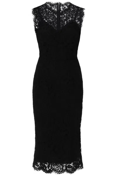 Dolce & Gabbana Longuette Dress In Logoed Stretch Lace In Nero