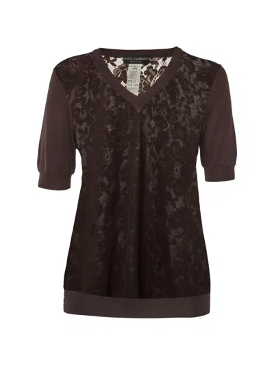 Pre-owned Dolce & Gabbana Lace Sheer-back Top In Brown