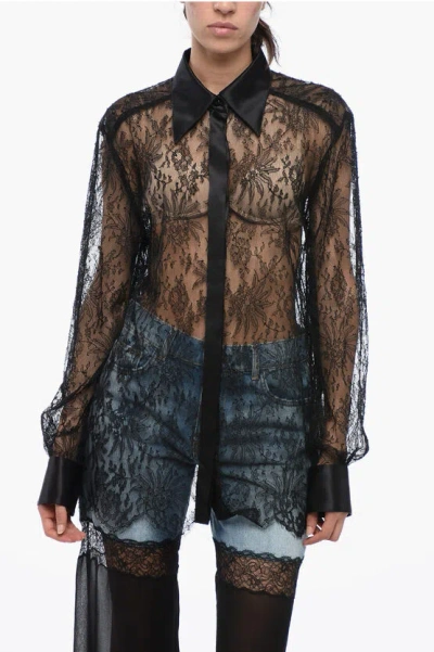 Dolce & Gabbana Lace Shirt With Satin Spread Collar In Black