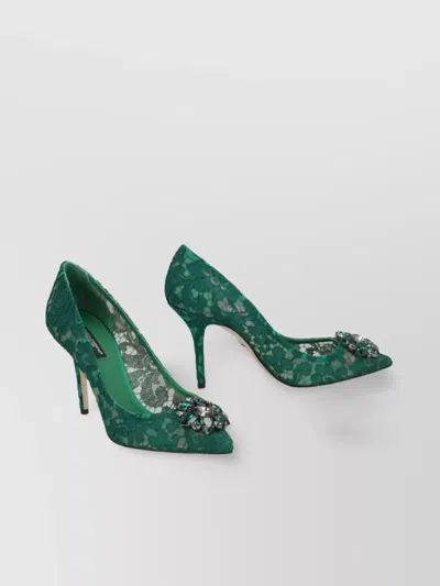 Dolce & Gabbana Lace Stiletto Heel Pumps Crystal Embellishments In Green