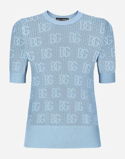 Dolce & Gabbana Lace-stitch Viscose Sweater With Jacquard Dg Logo In Azure