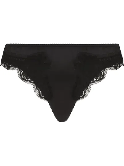 Dolce & Gabbana Lace-trim Satin Thong In Black