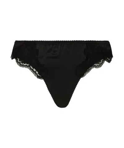 Dolce & Gabbana Lace-trim Satin Thong In Black