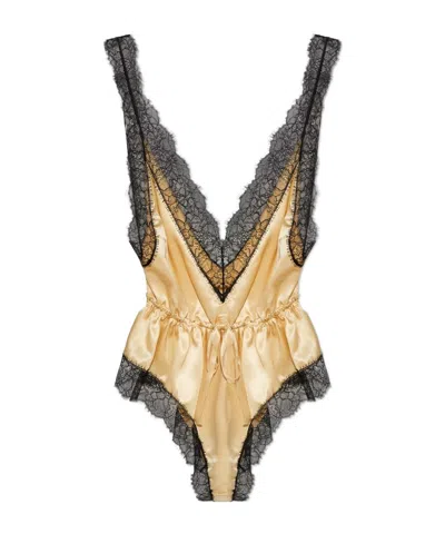 Dolce & Gabbana Lace-trimmed Silk Bodysuit In Multi