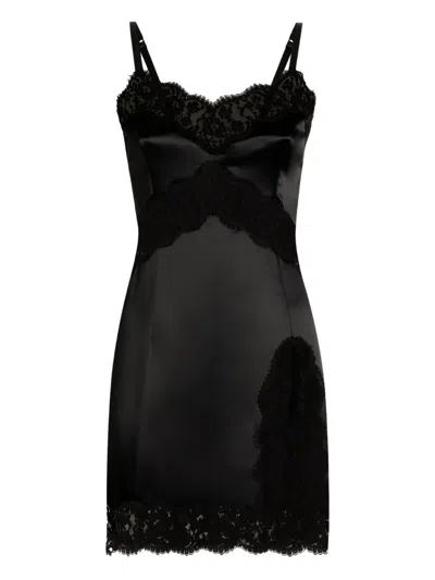 Dolce & Gabbana Lace-trimmed Satin Slip Mini Dress In Black